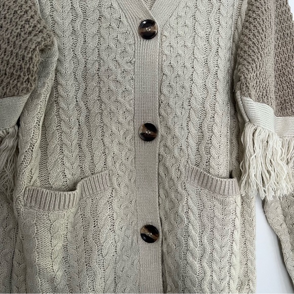 Cozy Cable Knit and Fringe Cardigan - Neutral Gray Brown - Picture 3 of 7